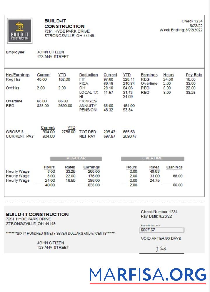 Blank USA Ohio construction company earnings statement sample